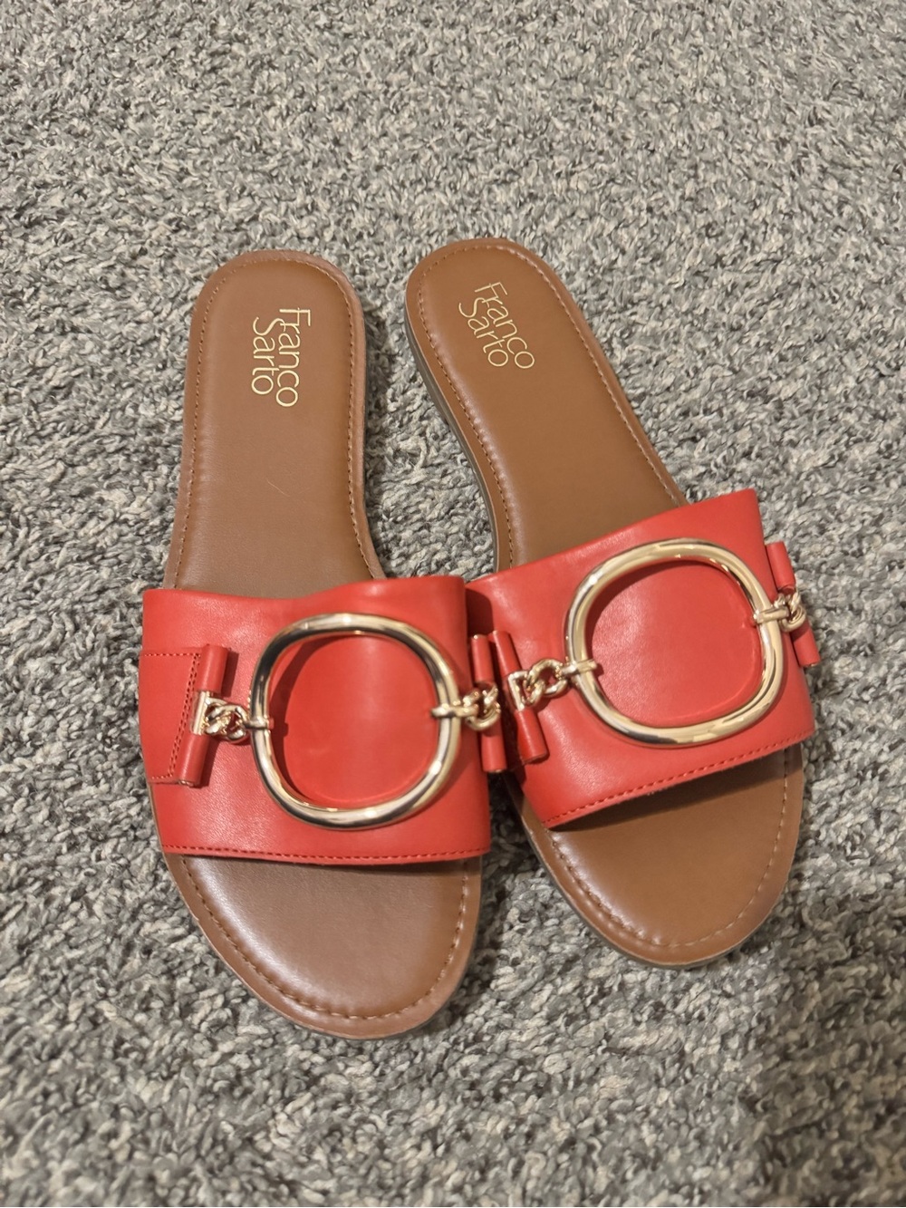 Franco Sarto Red Slide Sandals with Gold Ring Accent